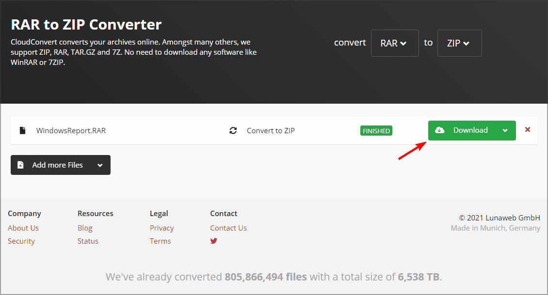 Кнопка скачивания сконвертированного ZIP