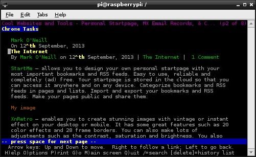 Текстовый браузер Lynx в терминале Raspberry Pi