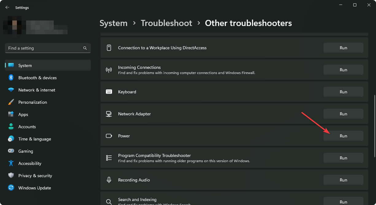 Запуск средства устранения неполадок для электропитания