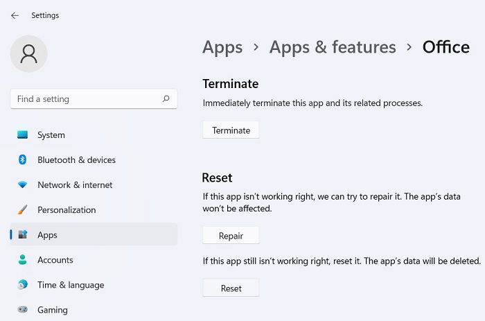 Кнопка Reset в дополнительных параметрах приложения Office