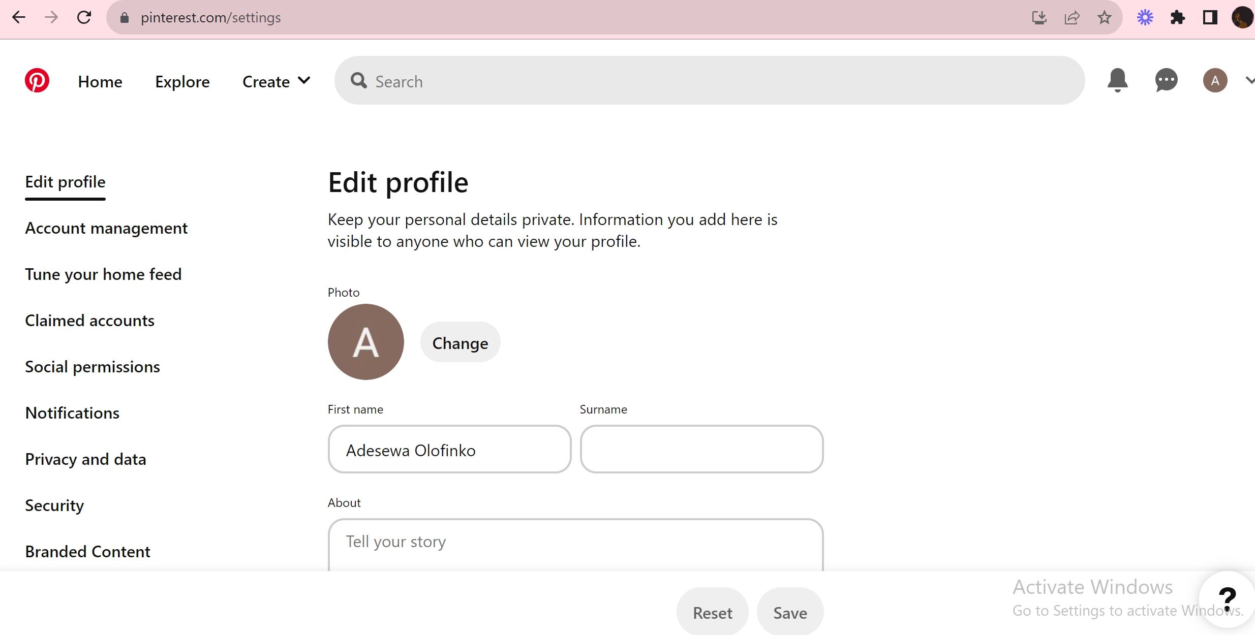 Меню управления аккаунтом Pinterest