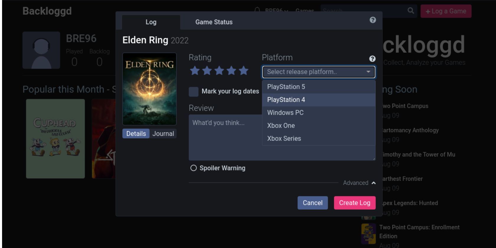 Окно добавления оценки и обзора для Elden Ring на Backloggd