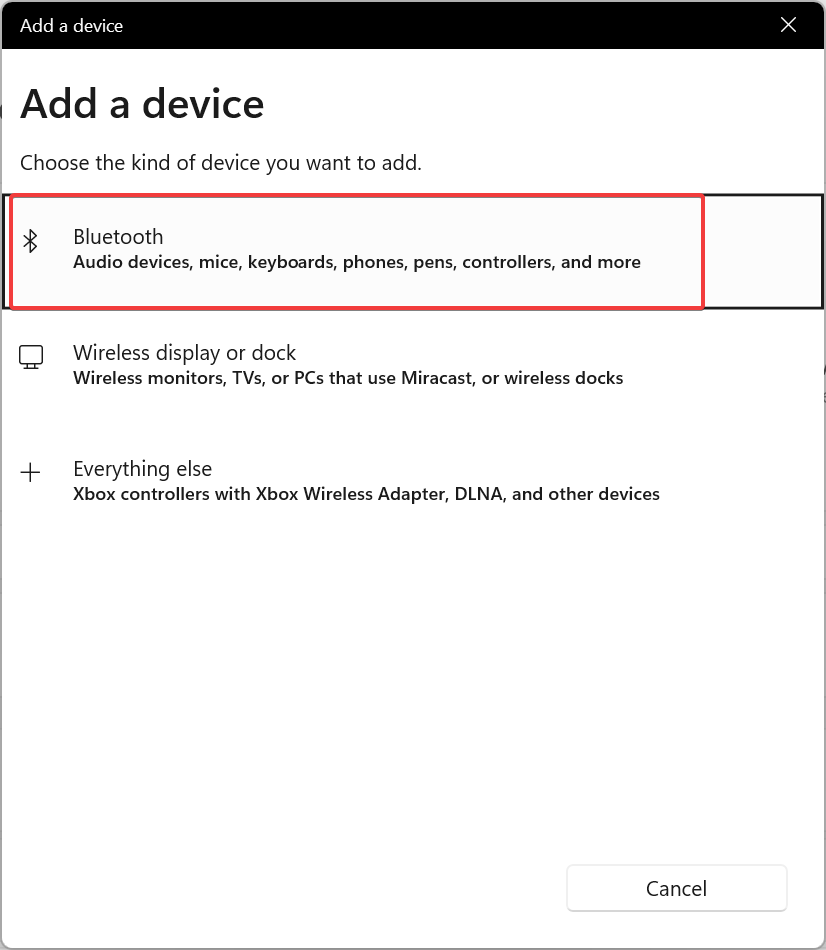 Список типов подключения — выбор Bluetooth