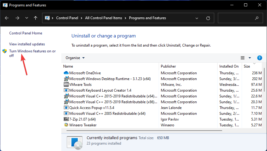 Опция включения компонентов Windows