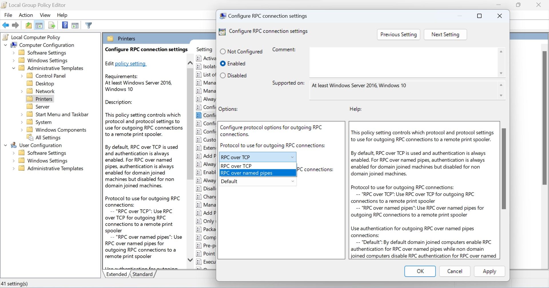 Выбор RPC over named pipes в редакторе групповой политики