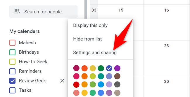 Открыть настройки и общий доступ для календаря