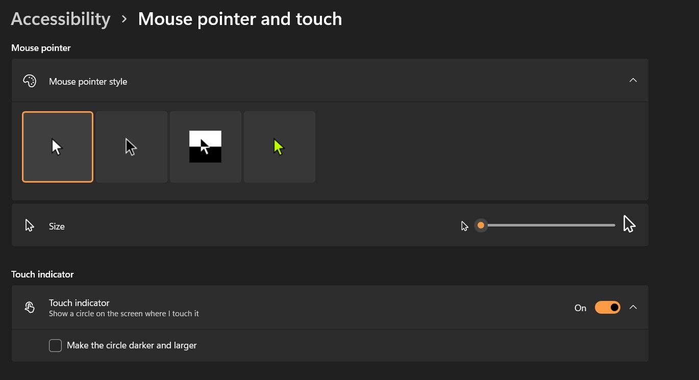 Параметры указателя в разделе доступности