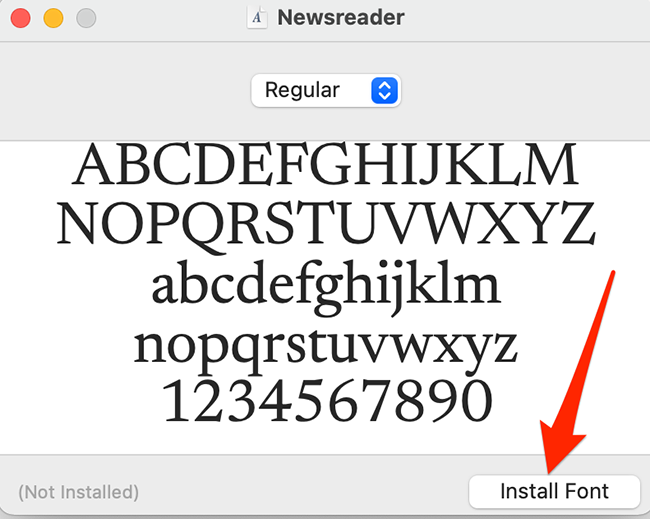 Нажмите «Install Font» в окне предпросмотра шрифта на Mac