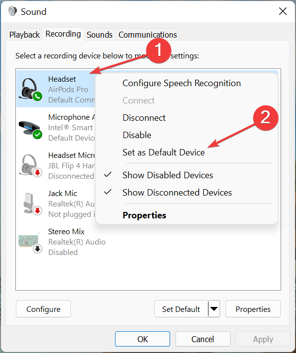Контекстное меню записи — установка микрофона по умолчанию