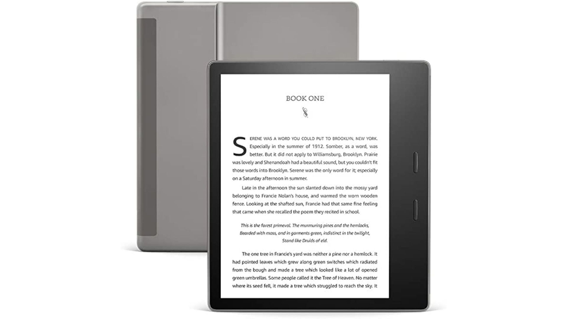 Kindle Oasis с эргономичным дизайном и кнопками перелистывания.