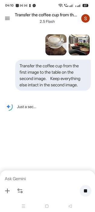 Wait a while for Gemini to generate a composite image for only one select element using Nano Banana (Android).