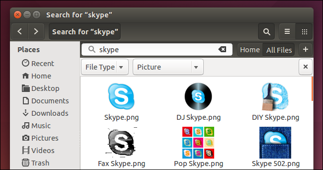 Поиск в файловом менеджере Nautilus с раскрытыми фильтрами поиска