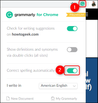 Меню расширения Grammarly