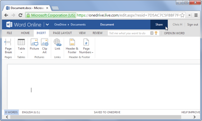 Интерфейс Office Online — кнопка «Поделиться» и лента