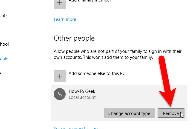 Кнопка Удалить учётную запись в Windows 10