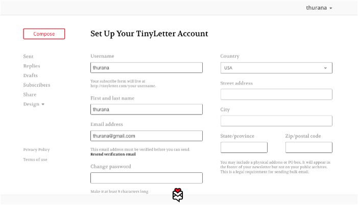 Форма личной информации в настройках TinyLetter