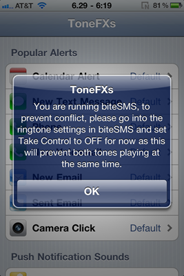 Alerte d'intégration avec BiteSMS affichée dans ToneFXs