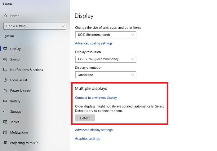 Окно «Несколько дисплеев» в Windows 10