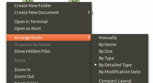 Nemo no modo ícone com opção de 'Arrange Items' por 'Detailed Type'