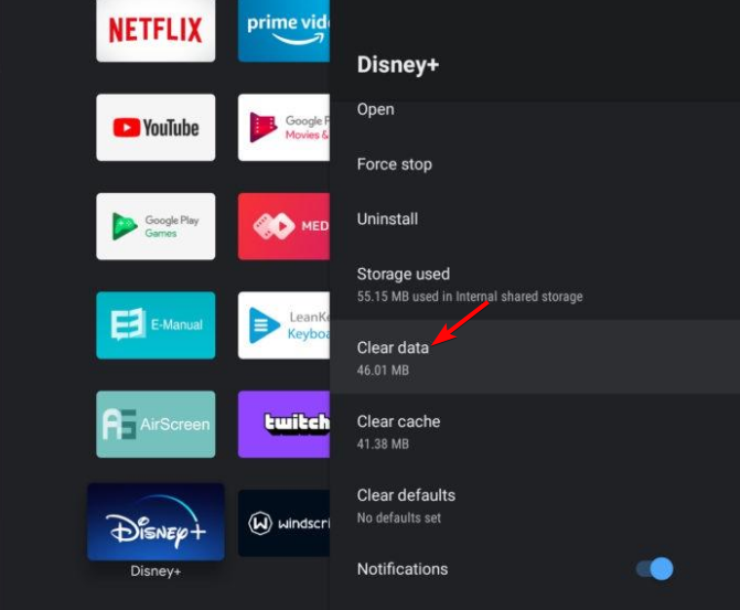 Опция очистки данных приложения Disney+