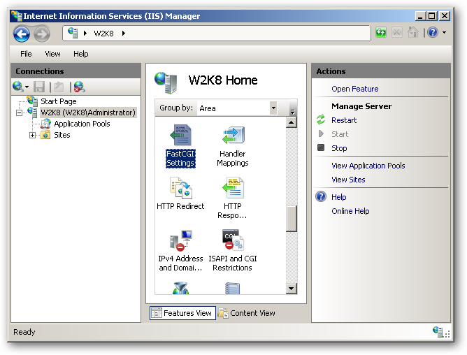 Экран настроек FastCGI в IIS Manager