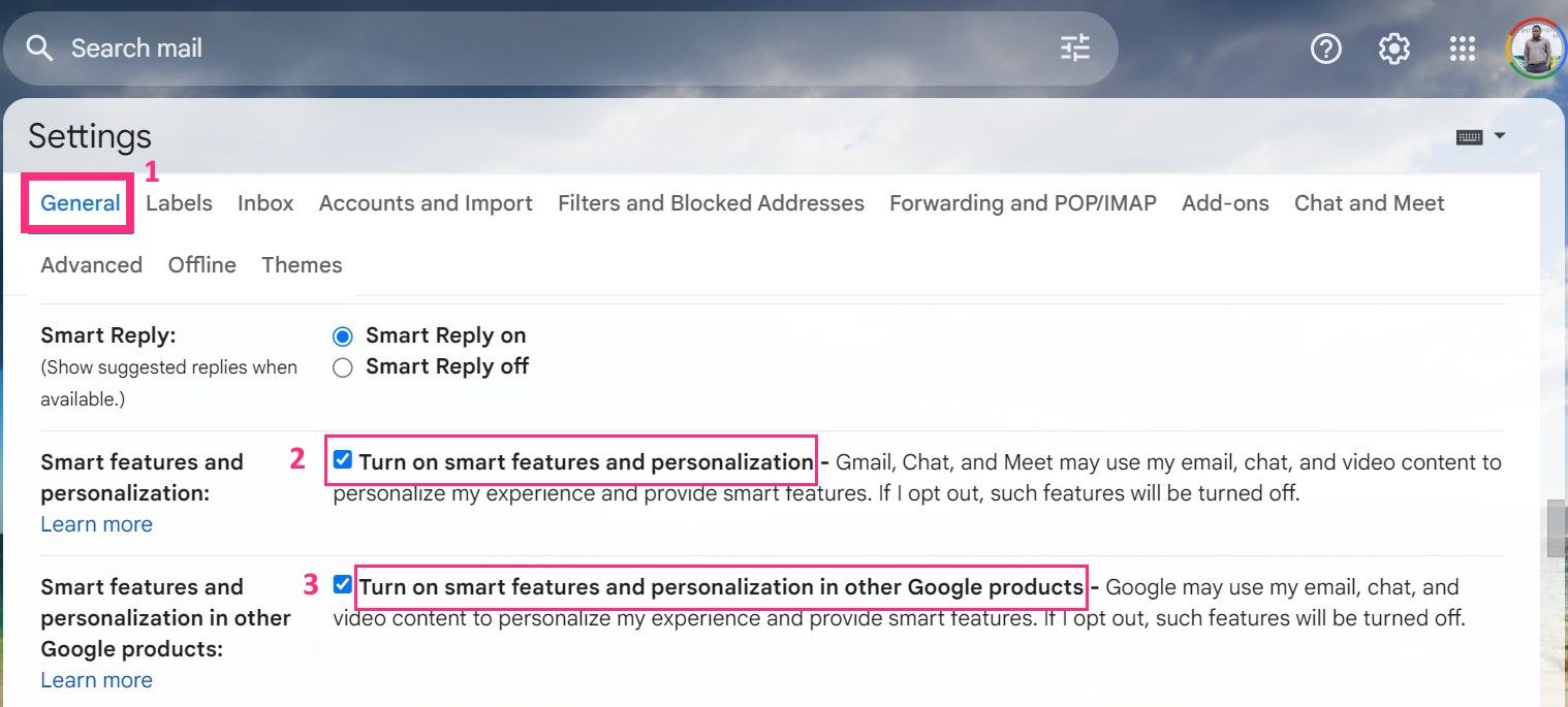 Скриншот раздела Общие в Gmail