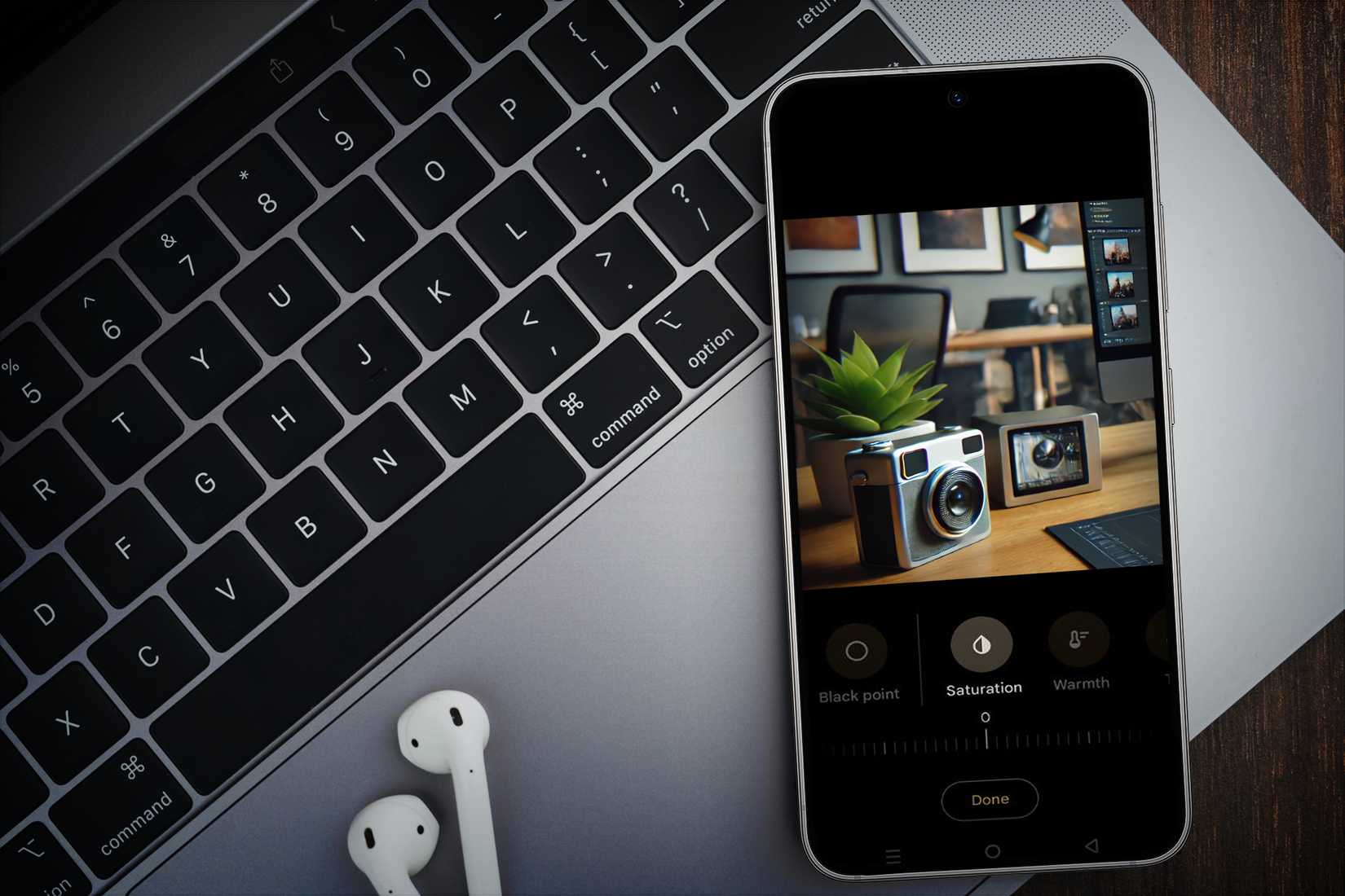 Скриншот приложения Фото на смартфоне, показывающий меню редактирования и инструмент поворота