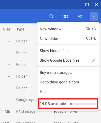 Индикатор свободного места в приложении Файлы Chrome OS