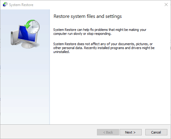 Окно System Restore