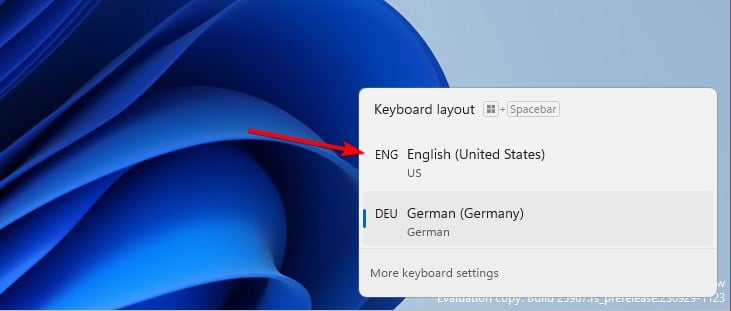 Выбор английской раскладки клавиатуры