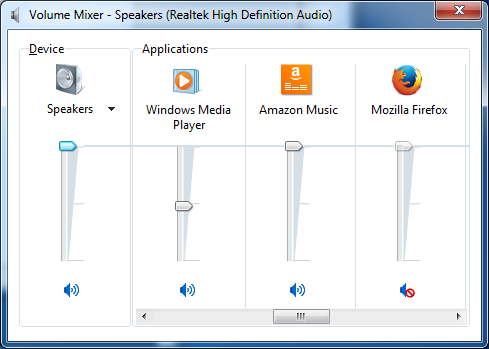 Микшер Windows с регуляторами громкости и списком приложений