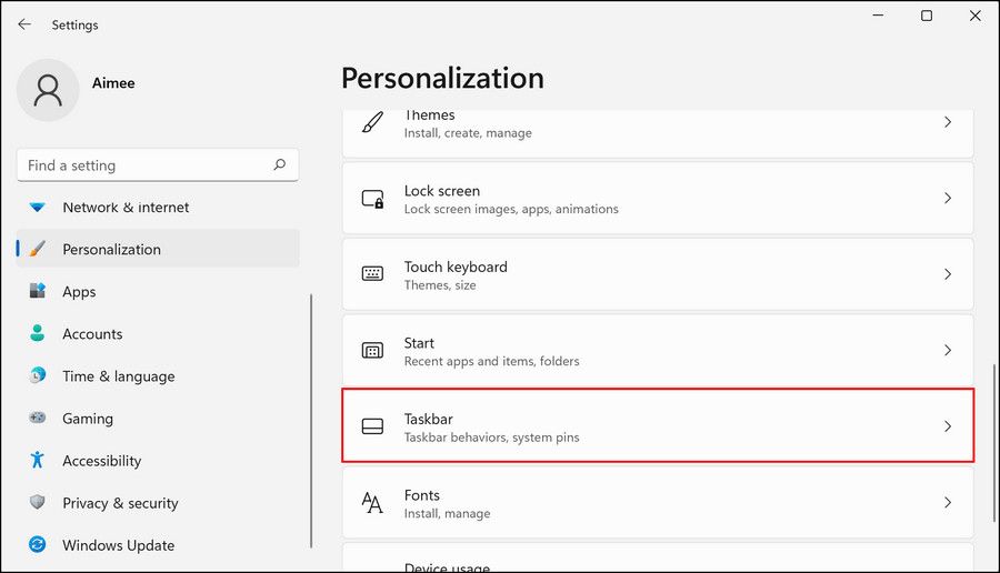 Настройки панели задач в Windows 11