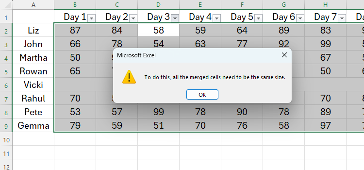 Таблица Excel с сообщением об ошибке «To do this, all the merged cells need to be the same size.»