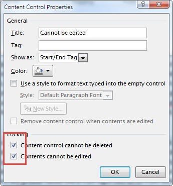Окно Свойства элемента управления содержимым с опциями блокировки