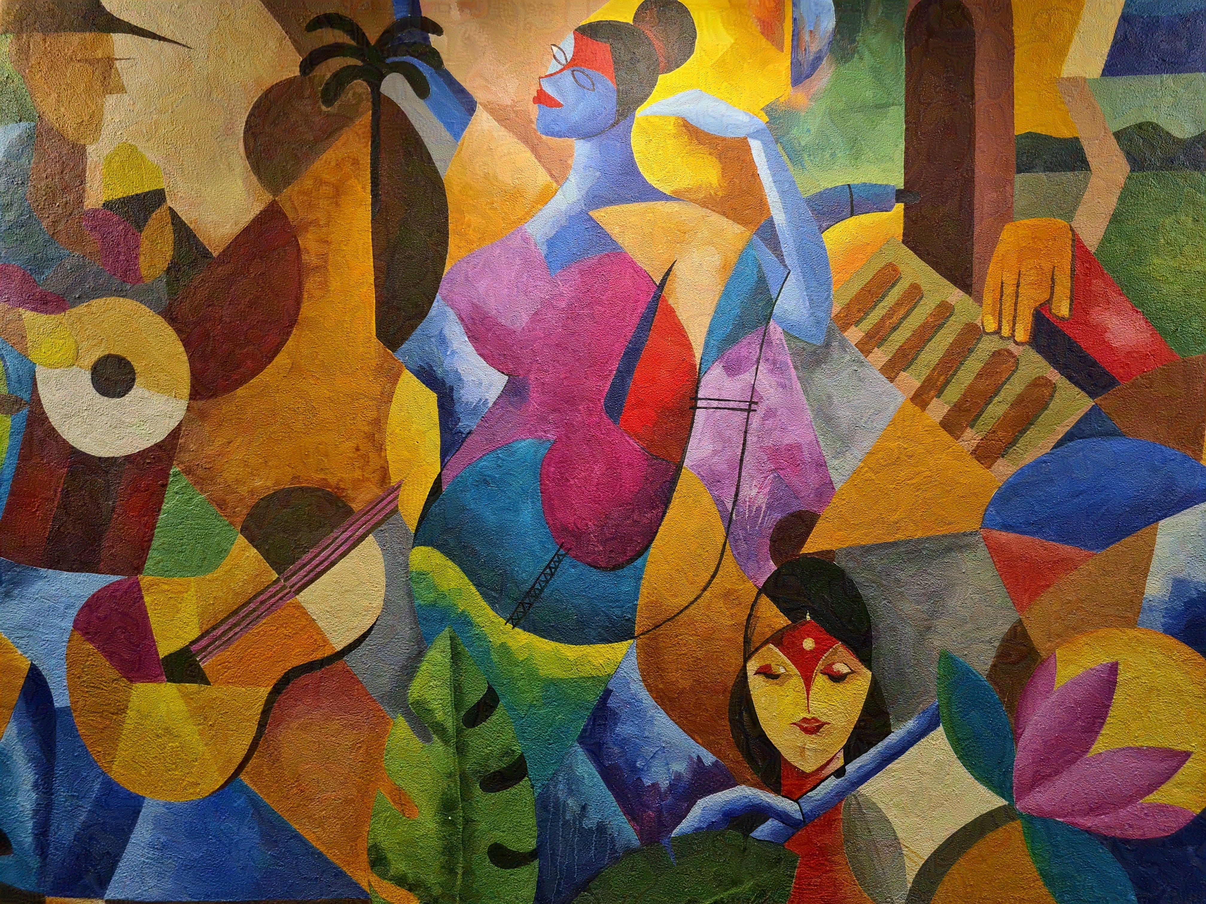 Абстрактная картина с разными цветами и узорами.