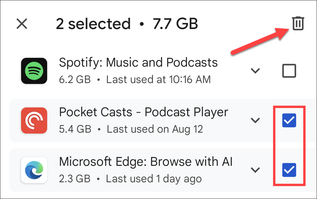 Выберите приложения для удаления и нажмите значок корзины в правом верхнем углу экрана.
