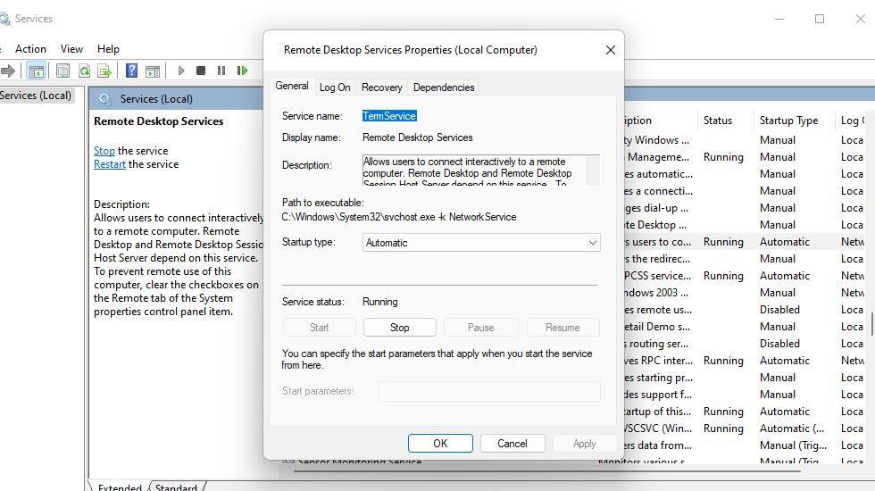 Свойства службы Remote Desktop Services с кнопкой Запустить