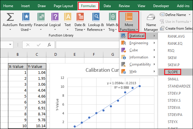 Navigate to Formulas > More Functions > Statistical > SLOPE