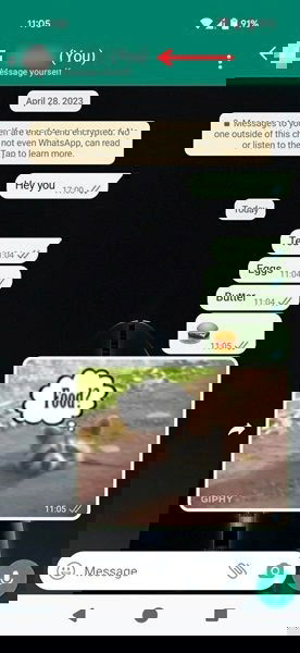 Ввод сообщений самому себе в WhatsApp для Android.