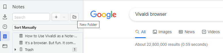 Создание новой папки в Vivaldi