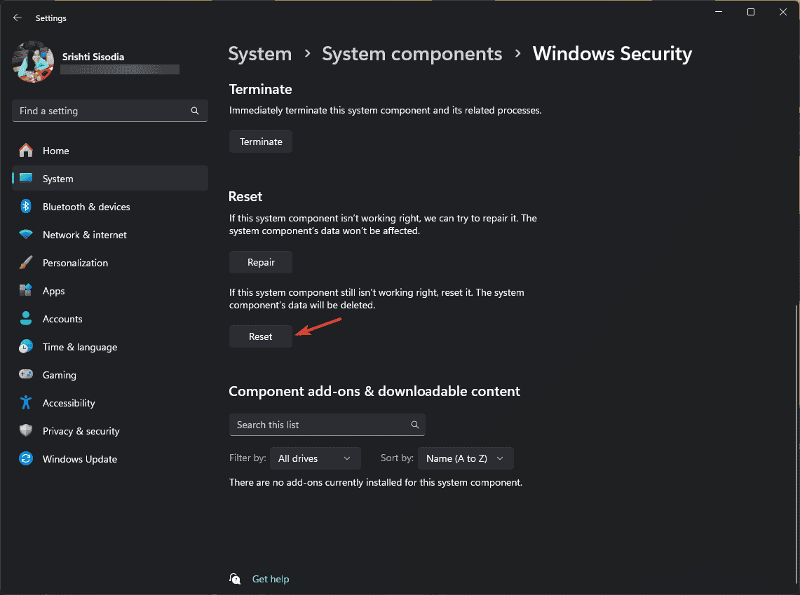 Кнопка Сброс для Windows Security