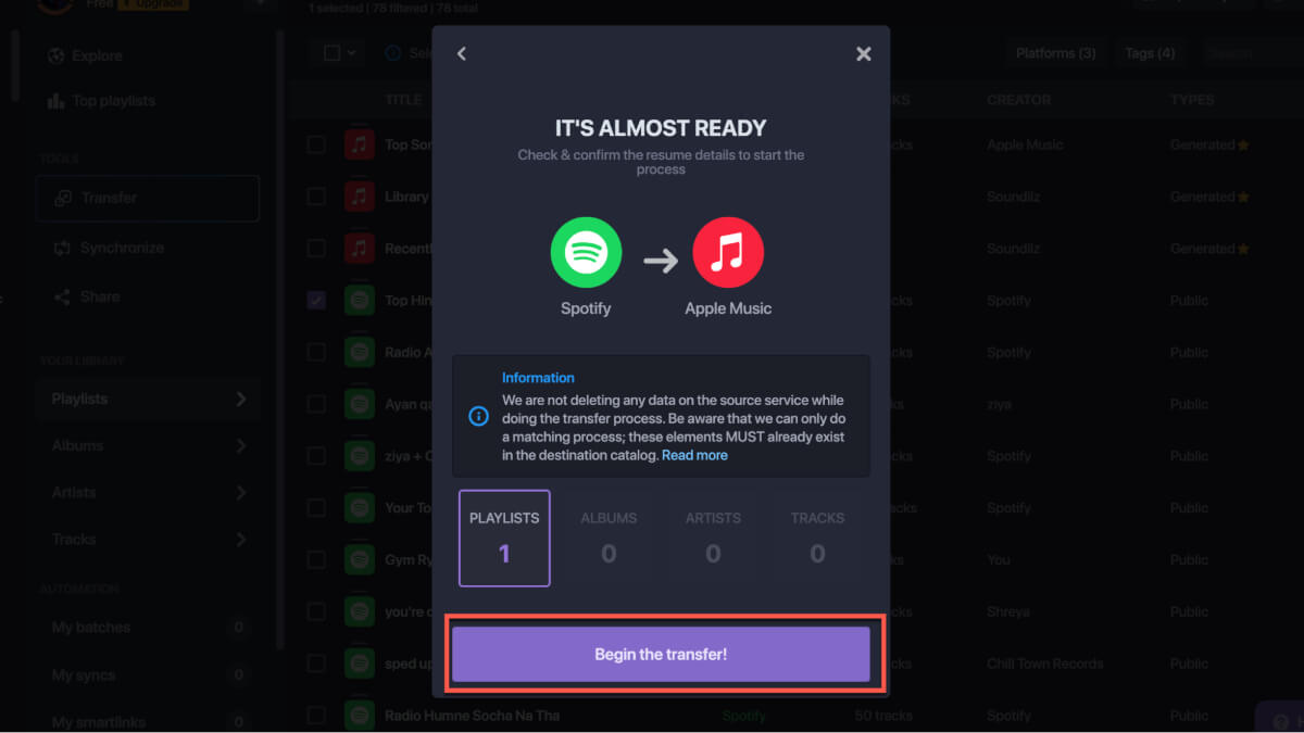 Подтверждение и начало переноса