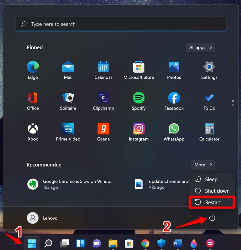 Перезагрузка Windows 11 — меню питания