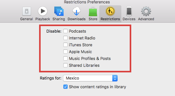 Отключение сервисов в iTunes, окно Restrictions