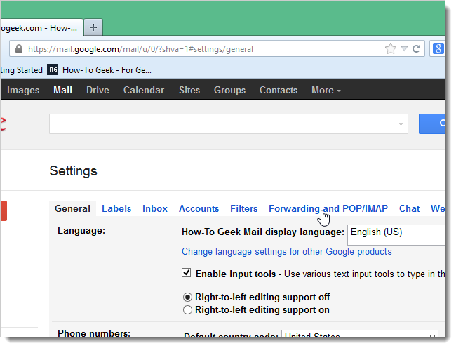 Вкладка Пересылка и POP/IMAP в настройках Gmail