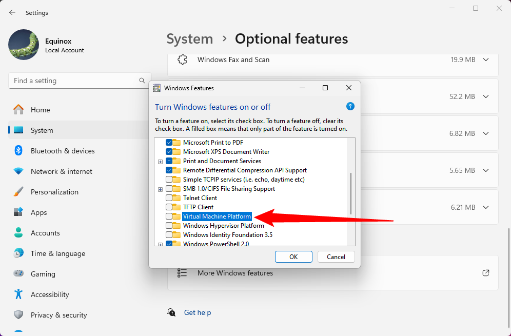 Переключатель Virtual Machine Platform в окне дополнительных функций.