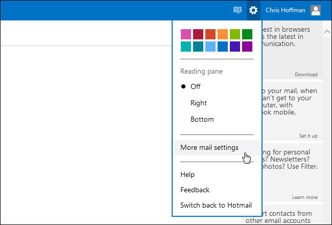 Экран настроек почты в Outlook.com