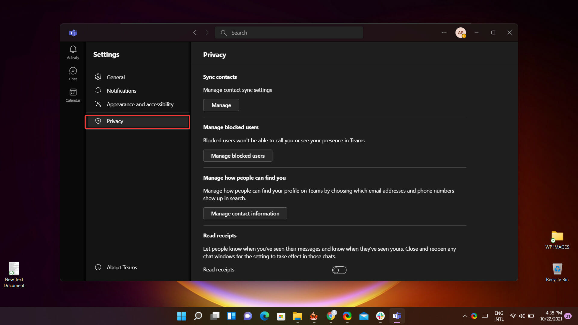 Раздел Конфиденциальность в настройках Teams