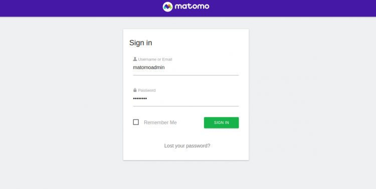 Экран входа Matomo — форма логина