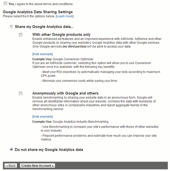 Параметры обмена данными Google Analytics